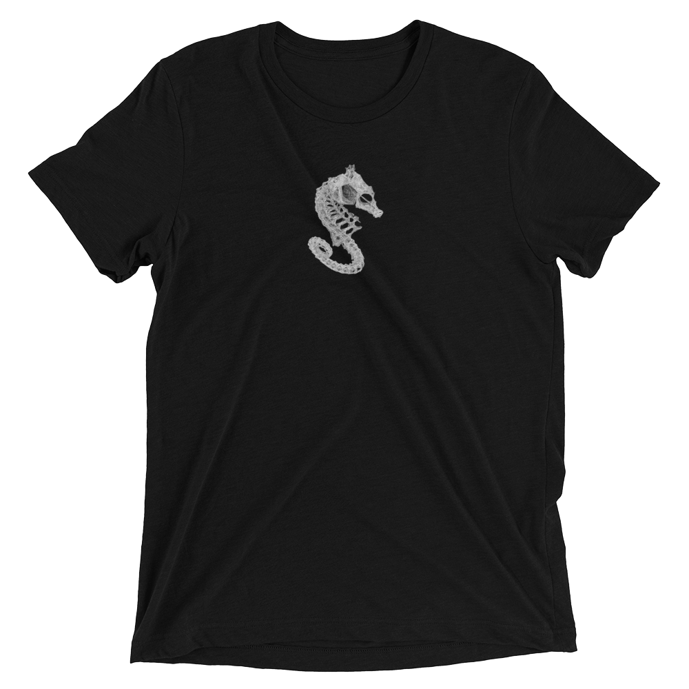 Black t-shirt with seahorse skeleton logo